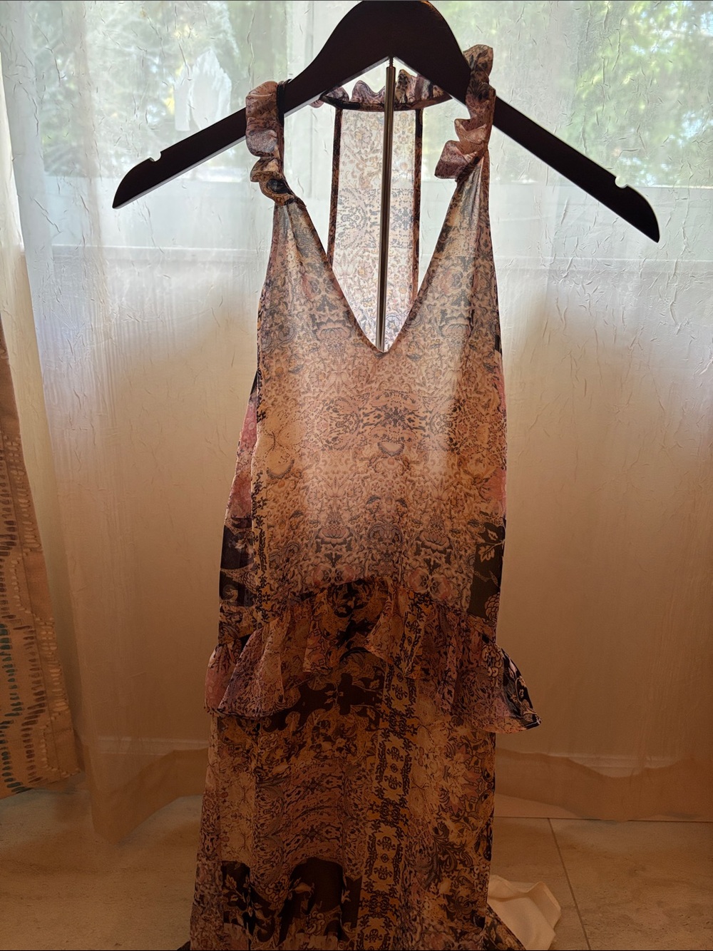 BCBGeneration Sleeveless Printed Maxi Dress in Beige, Brown and Pink
